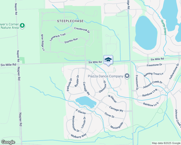 map of restaurants, bars, coffee shops, grocery stores, and more near 17081 Algonquin Drive in Northville