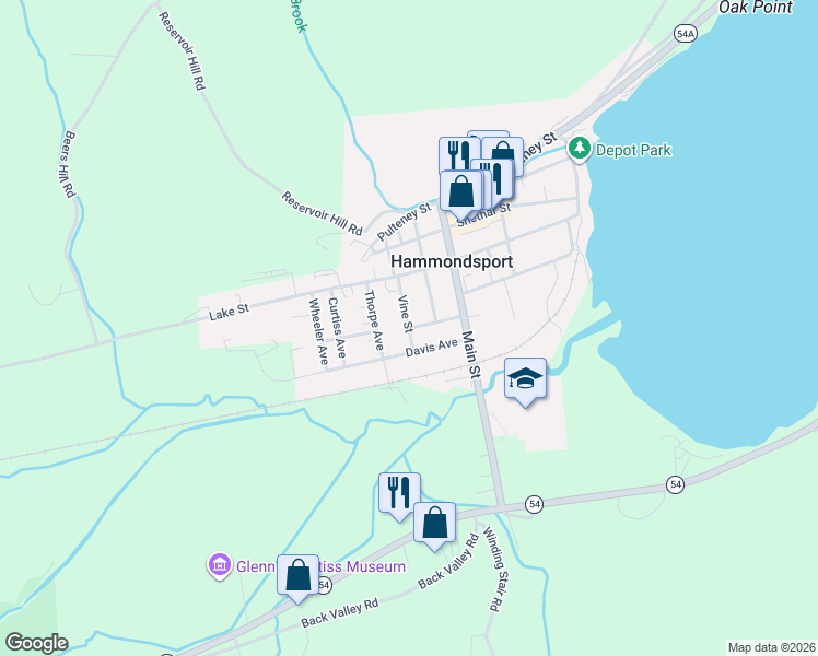 map of restaurants, bars, coffee shops, grocery stores, and more near Vine Street & Myrtle Avenue in Hammondsport