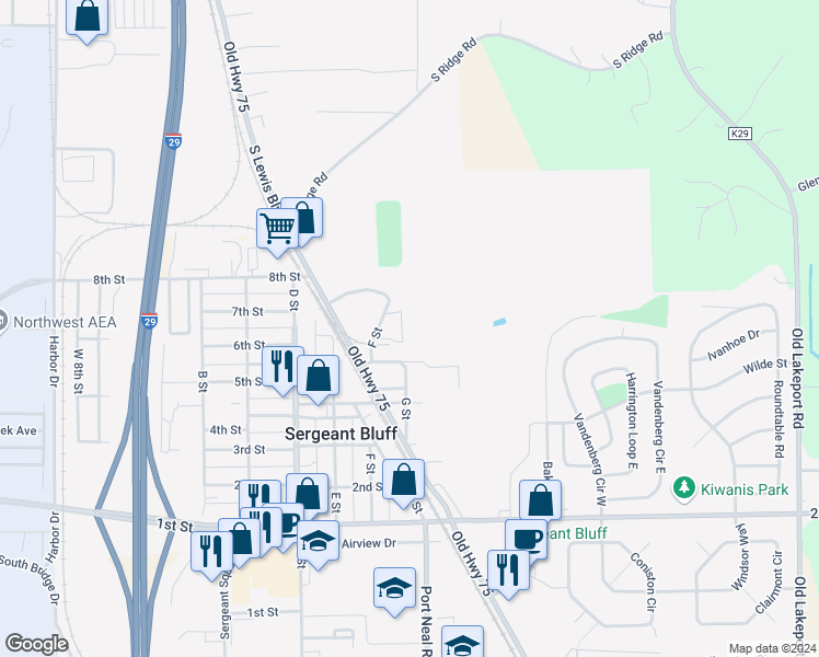 map of restaurants, bars, coffee shops, grocery stores, and more near 504 F Street in Sergeant Bluff