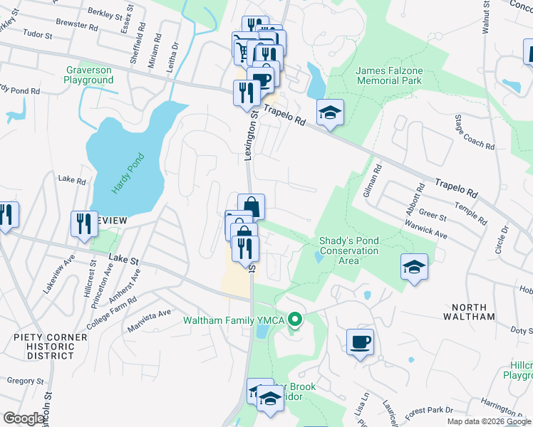 map of restaurants, bars, coffee shops, grocery stores, and more near 15 Dolores Avenue in Waltham