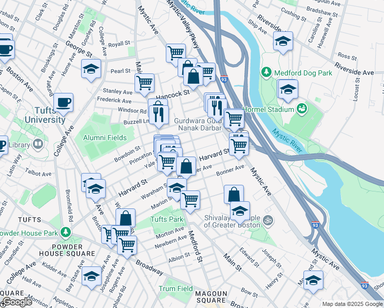 map of restaurants, bars, coffee shops, grocery stores, and more near 107 Willis Avenue in Medford