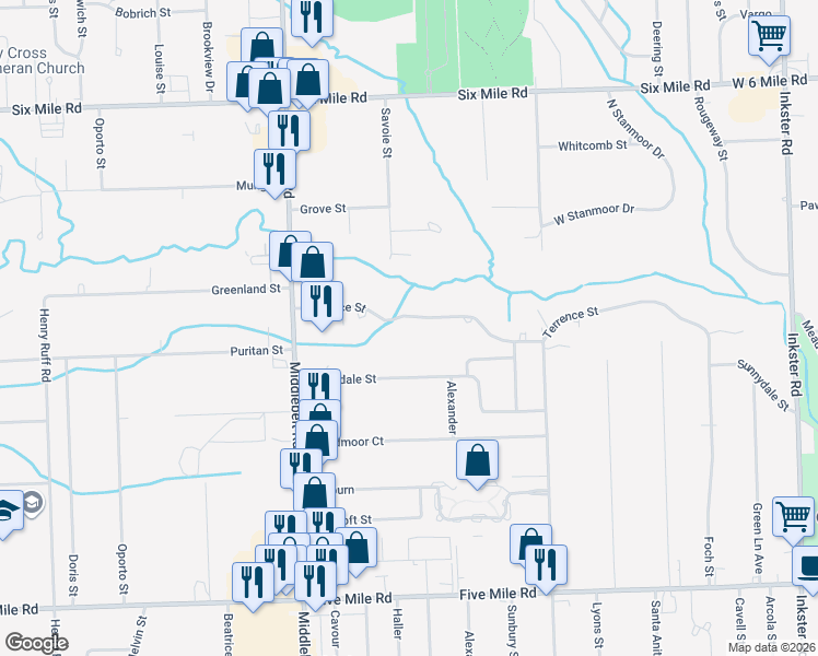 map of restaurants, bars, coffee shops, grocery stores, and more near 29010 Terrence Street in Livonia