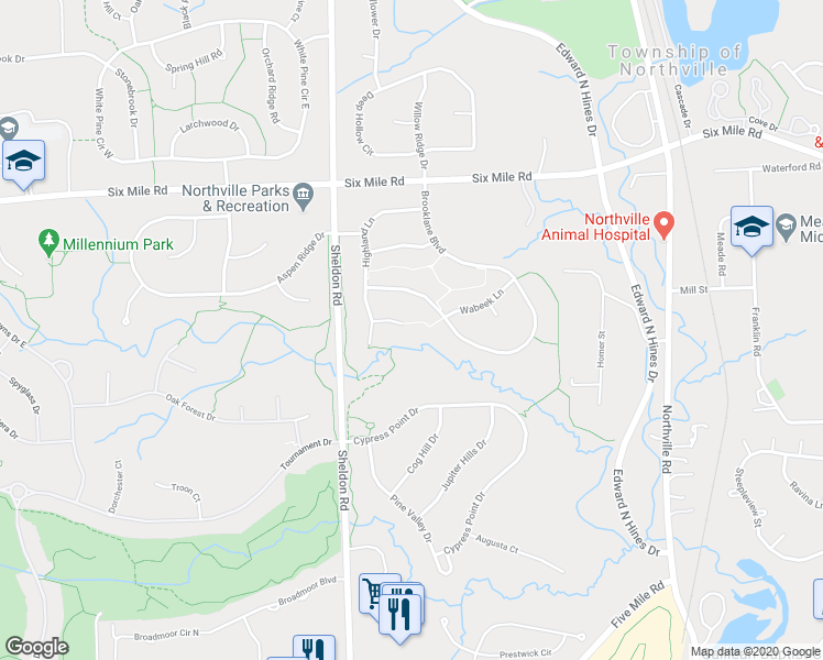 map of restaurants, bars, coffee shops, grocery stores, and more near 44247 Highland Court in Northville