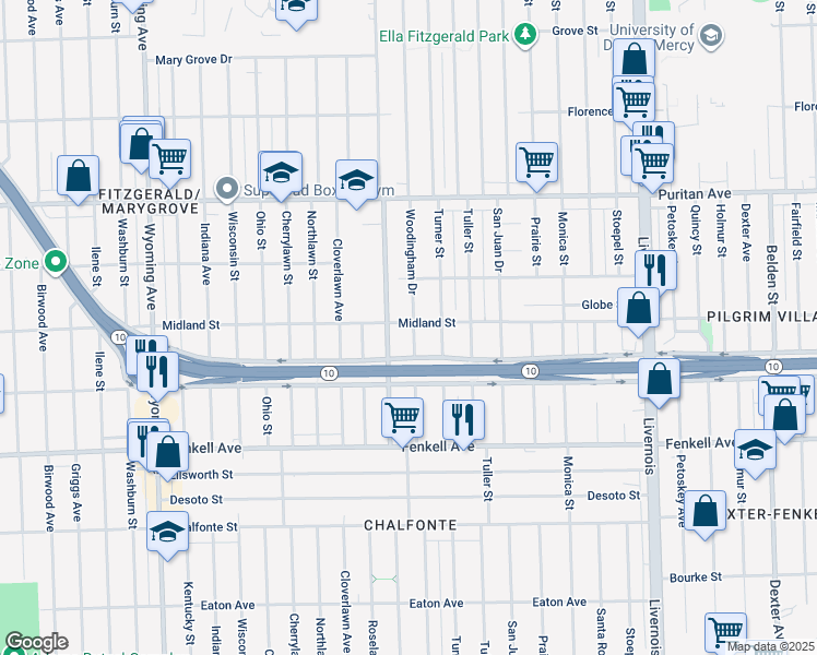 map of restaurants, bars, coffee shops, grocery stores, and more near 15710 Woodingham Drive in Detroit