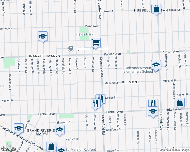 map of restaurants, bars, coffee shops, grocery stores, and more near 15751 Winthrop Street in Detroit