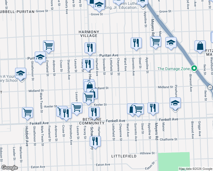 map of restaurants, bars, coffee shops, grocery stores, and more near 15741 Littlefield Street in Detroit