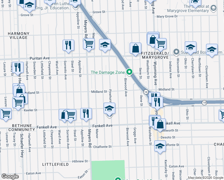 map of restaurants, bars, coffee shops, grocery stores, and more near 15738 Pinehurst Street in Detroit