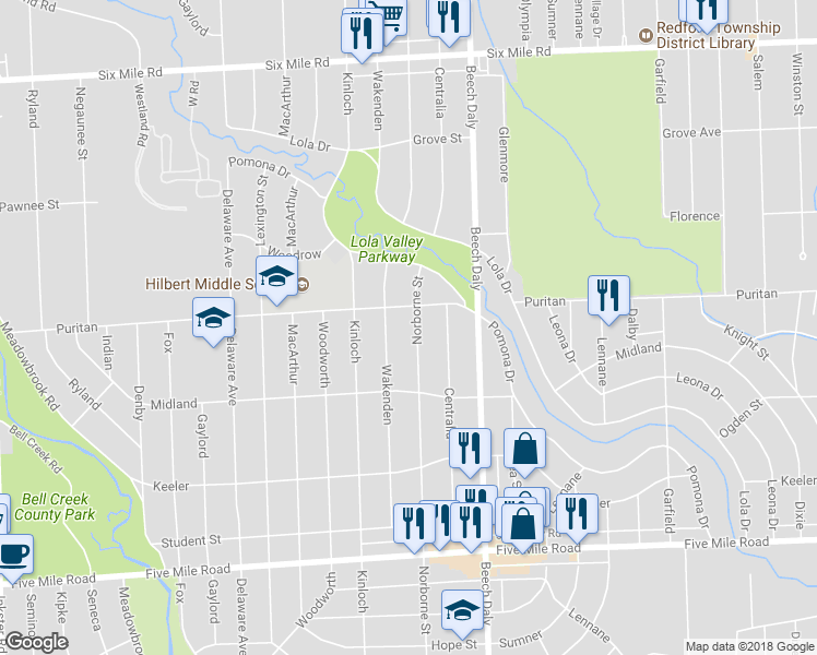 map of restaurants, bars, coffee shops, grocery stores, and more near 15955 Norborne in Redford Charter Township