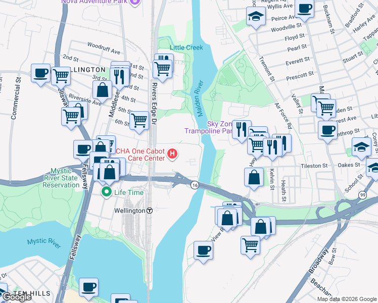 map of restaurants, bars, coffee shops, grocery stores, and more near 5 Cabot Road in Medford