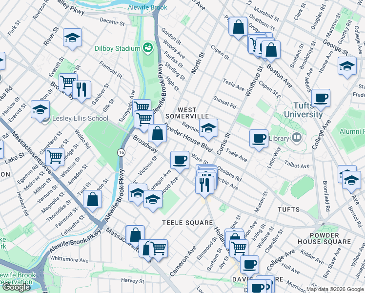 map of restaurants, bars, coffee shops, grocery stores, and more near 210 Powder House Boulevard in Somerville