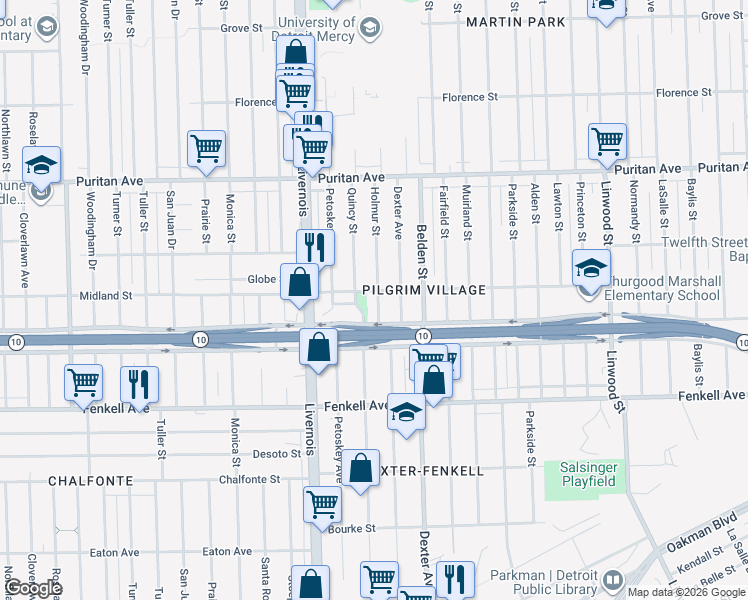 map of restaurants, bars, coffee shops, grocery stores, and more near 15703 Holmur Street in Detroit