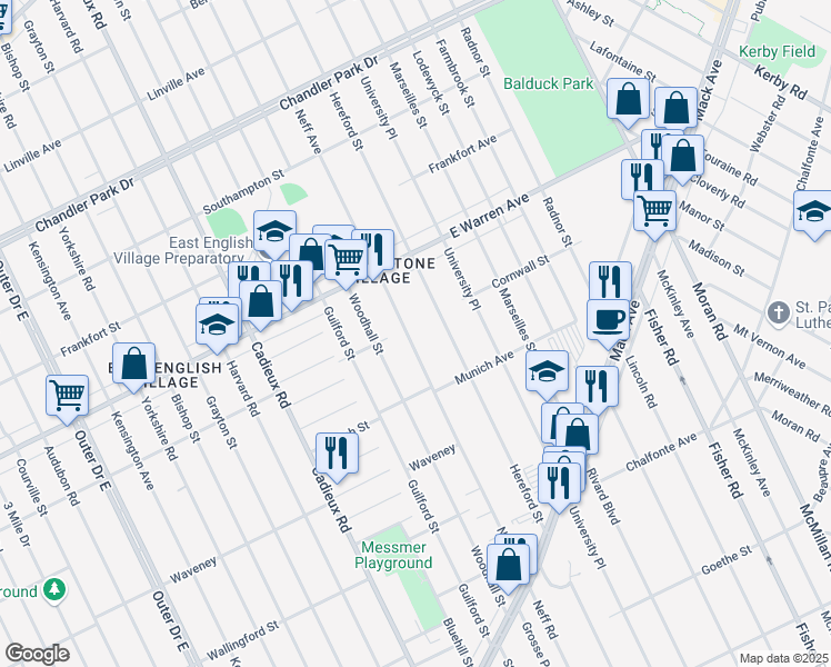 map of restaurants, bars, coffee shops, grocery stores, and more near 4610 Neff Avenue in Detroit
