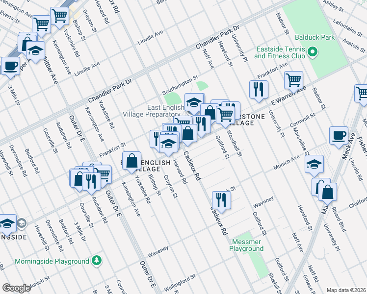 map of restaurants, bars, coffee shops, grocery stores, and more near Warren Ave E & Cadieux Rd in Detroit