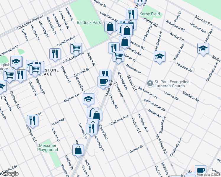 map of restaurants, bars, coffee shops, grocery stores, and more near 4444 Radnor Street in Detroit