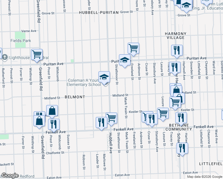 map of restaurants, bars, coffee shops, grocery stores, and more near 15749 Strathmoor Street in Detroit