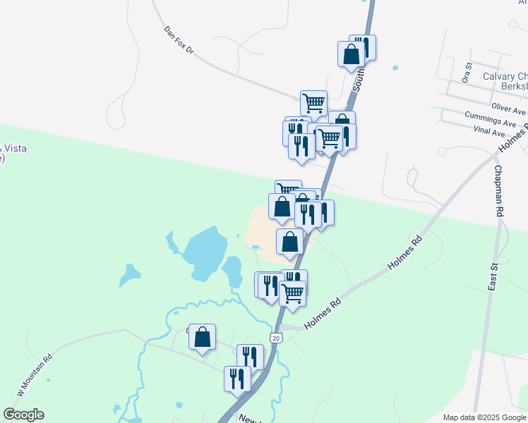 map of restaurants, bars, coffee shops, grocery stores, and more near 489 Pittsfield Road in Lenox