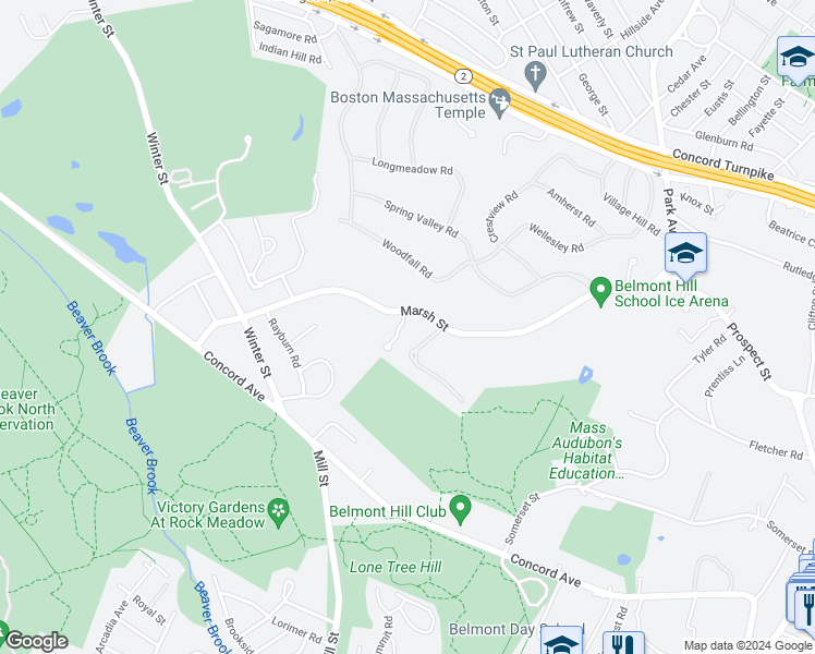 map of restaurants, bars, coffee shops, grocery stores, and more near 212 Marsh Street in Belmont