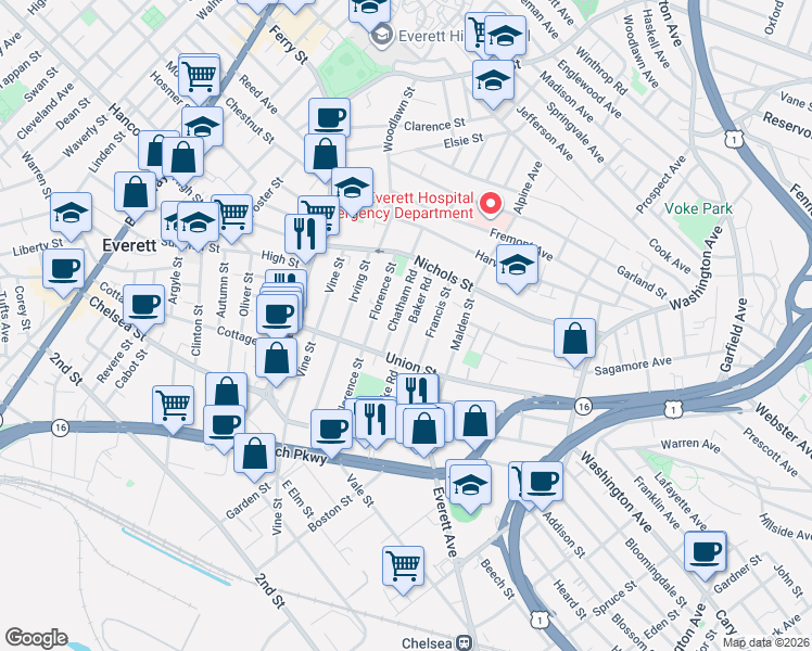 map of restaurants, bars, coffee shops, grocery stores, and more near 30 Baker Road in Everett