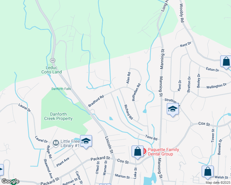 map of restaurants, bars, coffee shops, grocery stores, and more near 19 Bradford Road in Hudson