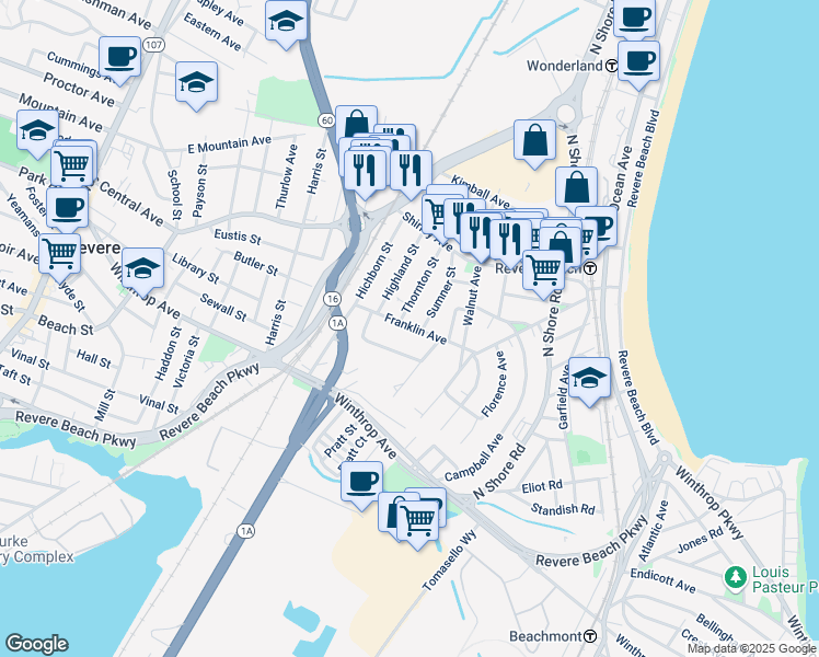 map of restaurants, bars, coffee shops, grocery stores, and more near 15 Thornton Street in Revere