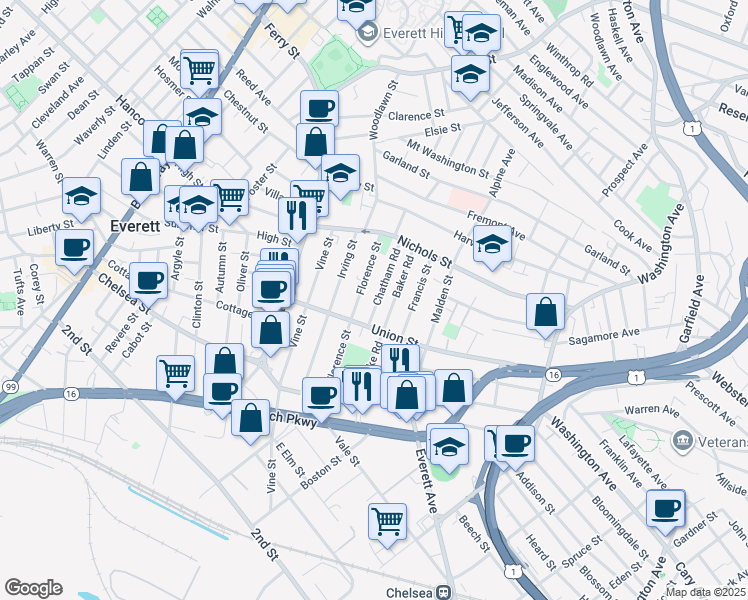 map of restaurants, bars, coffee shops, grocery stores, and more near 37 Chatham Road in Everett