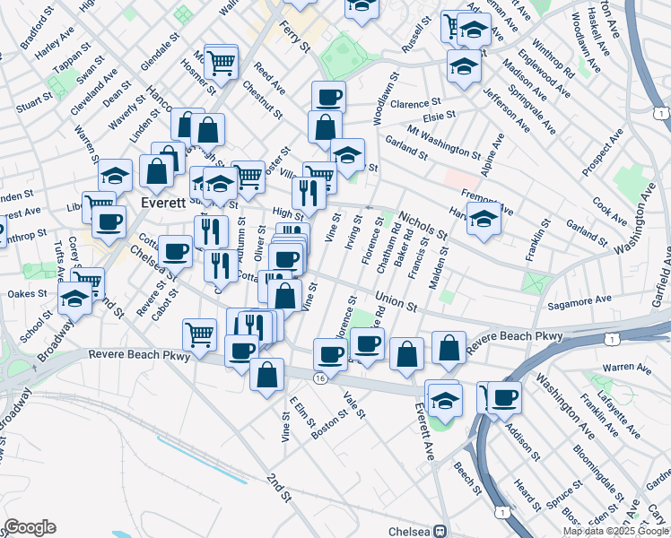map of restaurants, bars, coffee shops, grocery stores, and more near 209 Vine Street in Everett