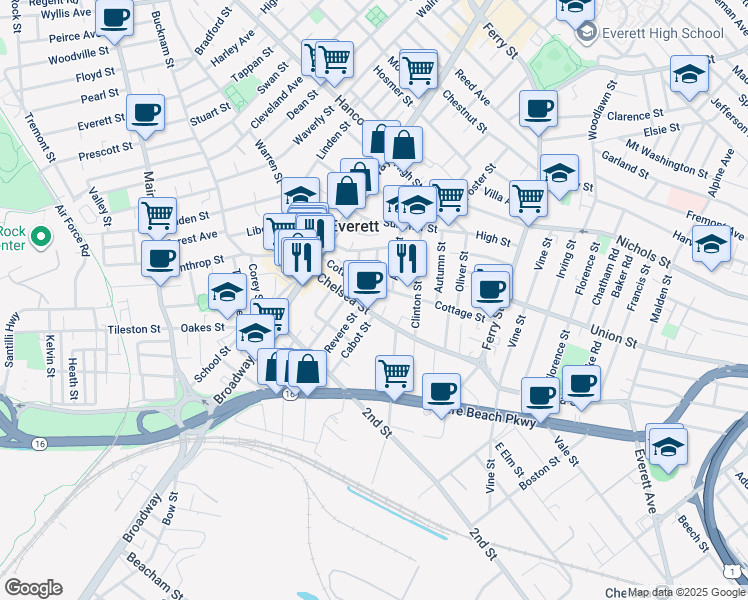 map of restaurants, bars, coffee shops, grocery stores, and more near 47 Cottage Street in Everett