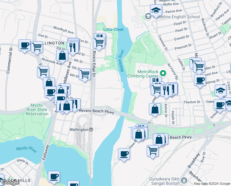 map of restaurants, bars, coffee shops, grocery stores, and more near 5 Cabot Road in Medford