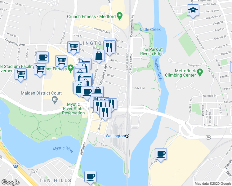 map of restaurants, bars, coffee shops, grocery stores, and more near 22 7th Street in Medford