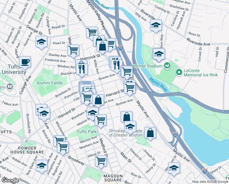 map of restaurants, bars, coffee shops, grocery stores, and more near 91 Wright Avenue in Medford