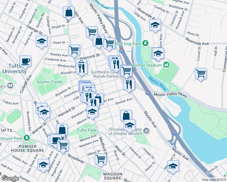 map of restaurants, bars, coffee shops, grocery stores, and more near 91 Wright Avenue in Medford
