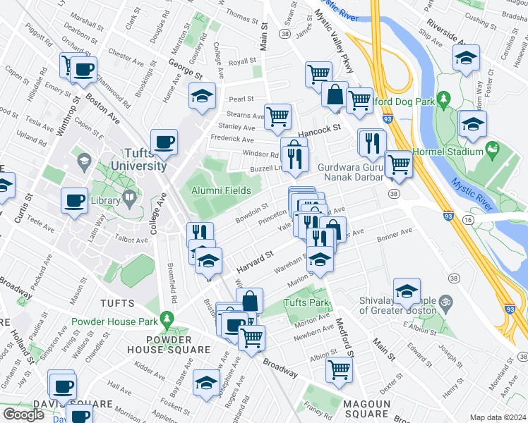 map of restaurants, bars, coffee shops, grocery stores, and more near 43 Bowdoin Street in Medford
