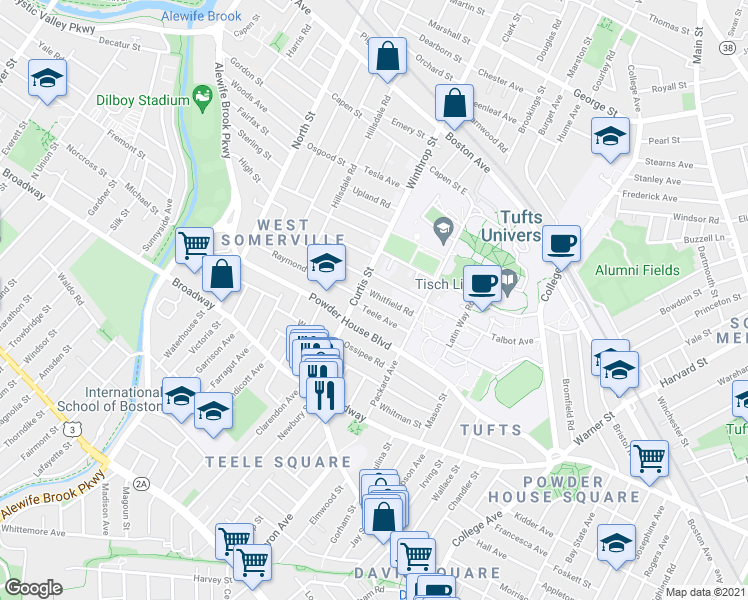 map of restaurants, bars, coffee shops, grocery stores, and more near 36 Sawyer Avenue in Medford