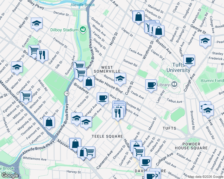 map of restaurants, bars, coffee shops, grocery stores, and more near 210 Powder House Boulevard in Somerville