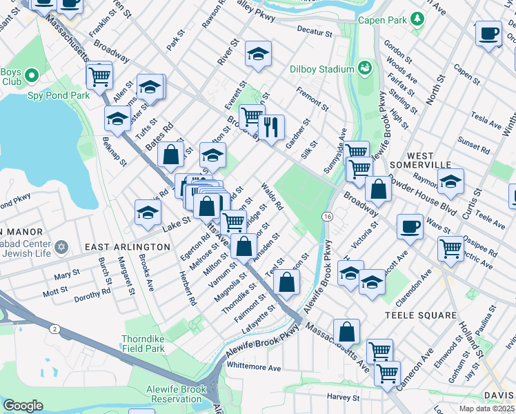 map of restaurants, bars, coffee shops, grocery stores, and more near 44 Marathon Street in Arlington