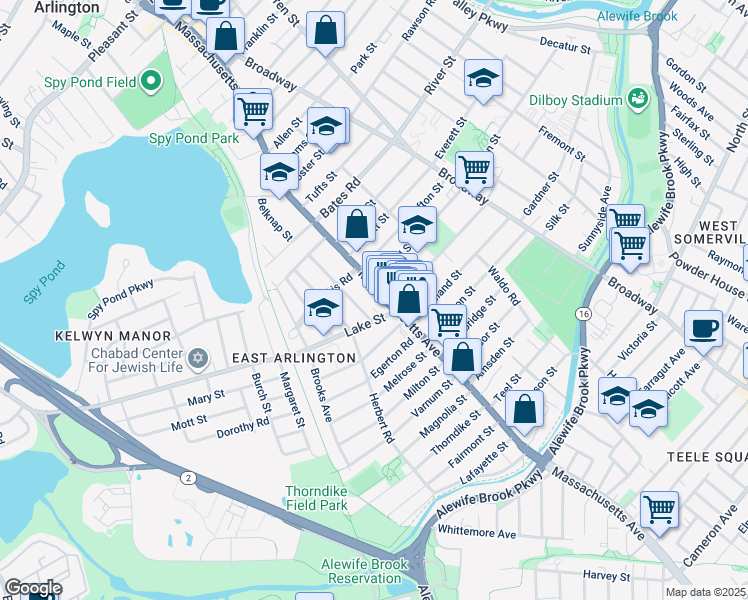 map of restaurants, bars, coffee shops, grocery stores, and more near 226 Massachusetts Avenue in Arlington