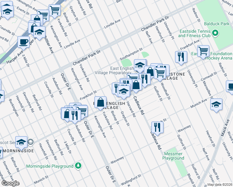 map of restaurants, bars, coffee shops, grocery stores, and more near 5067 Harvard Road in Detroit