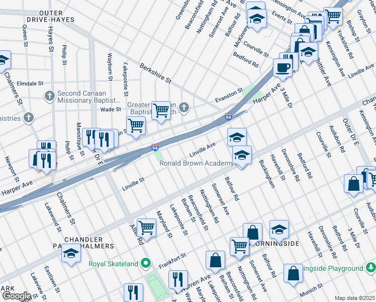 map of restaurants, bars, coffee shops, grocery stores, and more near 5941 Somerset Avenue in Detroit