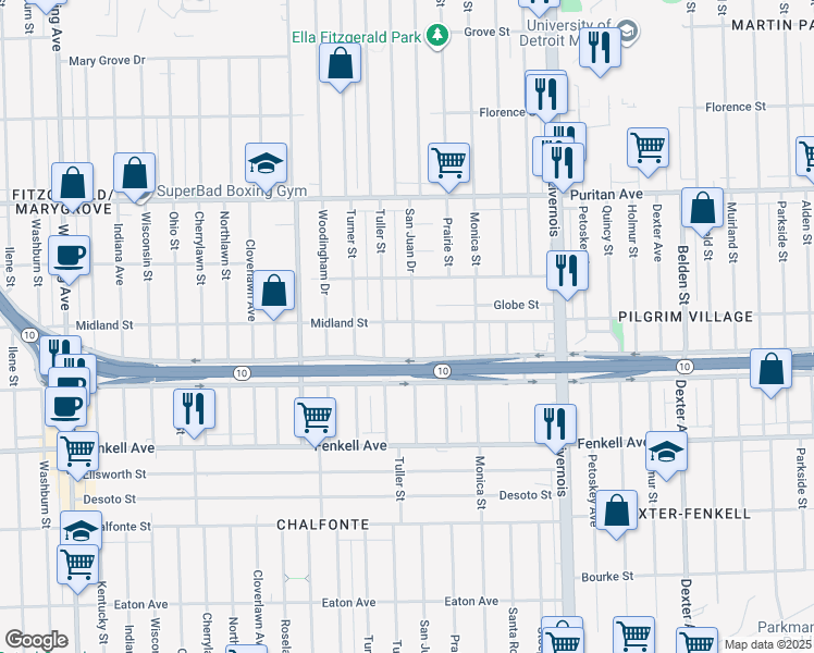 map of restaurants, bars, coffee shops, grocery stores, and more near 15709 San Juan Drive in Detroit