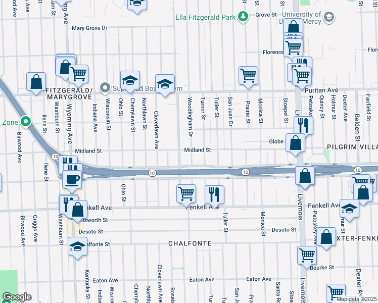 map of restaurants, bars, coffee shops, grocery stores, and more near 15710 Woodingham Drive in Detroit