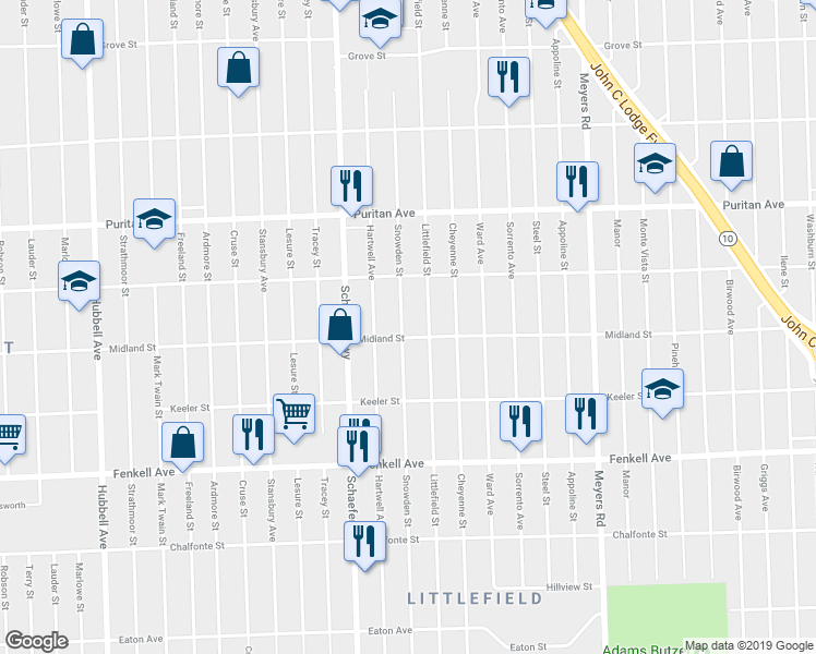 map of restaurants, bars, coffee shops, grocery stores, and more near 15741 Littlefield Street in Detroit