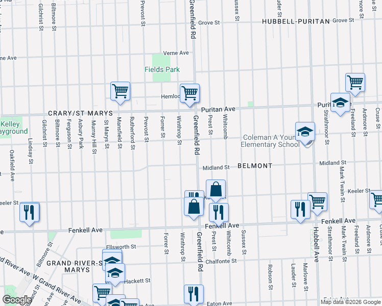 map of restaurants, bars, coffee shops, grocery stores, and more near 15753 Greenfield Road in Detroit