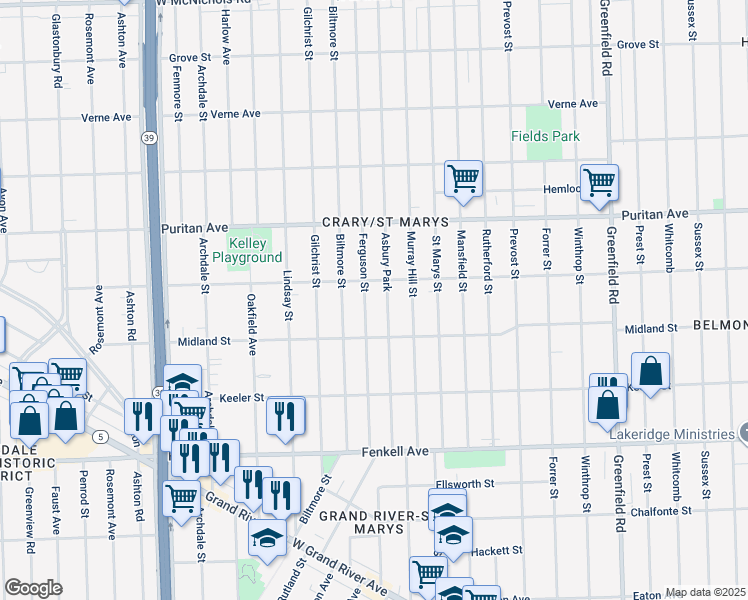 map of restaurants, bars, coffee shops, grocery stores, and more near 15790 Ferguson Street in Detroit