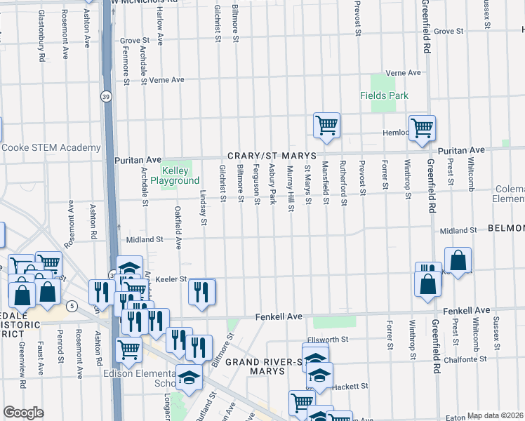 map of restaurants, bars, coffee shops, grocery stores, and more near 15790 Ferguson Street in Detroit