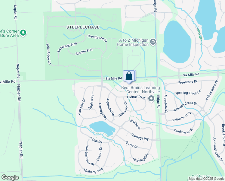 map of restaurants, bars, coffee shops, grocery stores, and more near 16971 Algonquin Drive in Northville