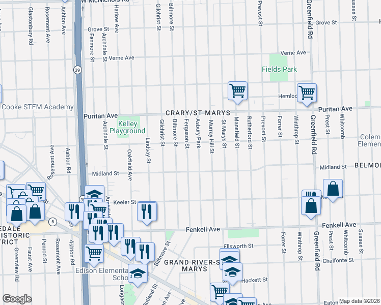 map of restaurants, bars, coffee shops, grocery stores, and more near 15766 Ferguson Street in Detroit