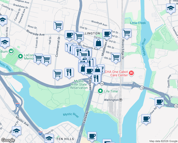 map of restaurants, bars, coffee shops, grocery stores, and more near 616 Fellsway in Medford