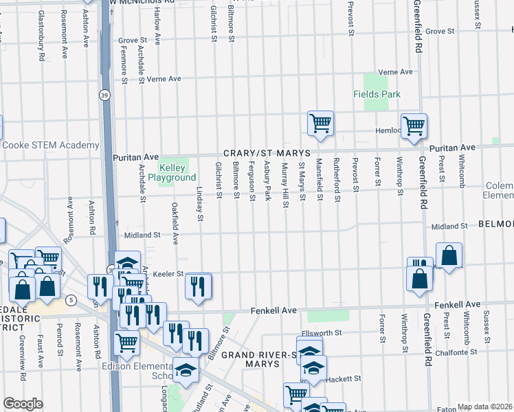 map of restaurants, bars, coffee shops, grocery stores, and more near 15766 Ferguson Street in Detroit