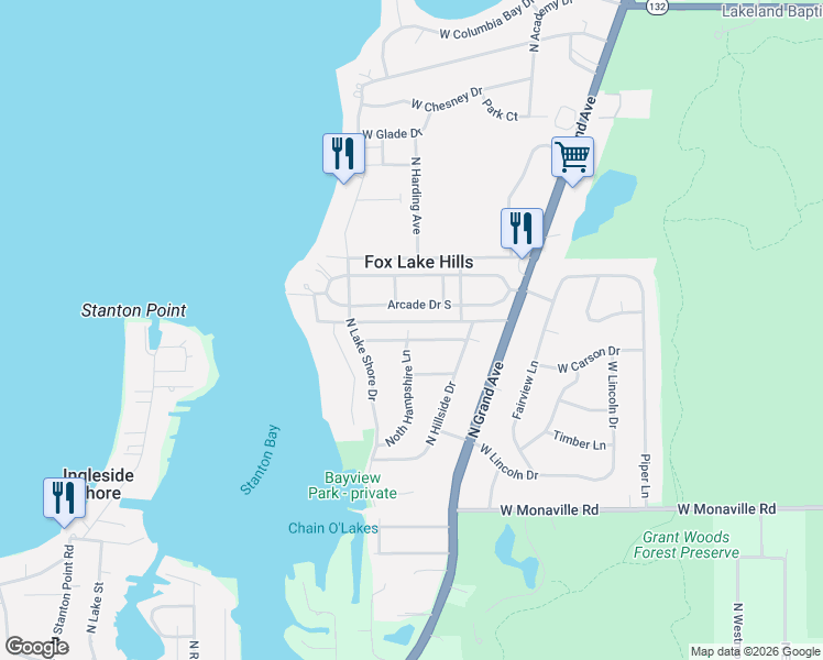 map of restaurants, bars, coffee shops, grocery stores, and more near 25623 Arcade Drive South in Lake Villa