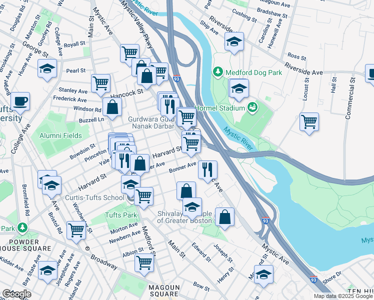 map of restaurants, bars, coffee shops, grocery stores, and more near 243 Mystic Avenue in Medford